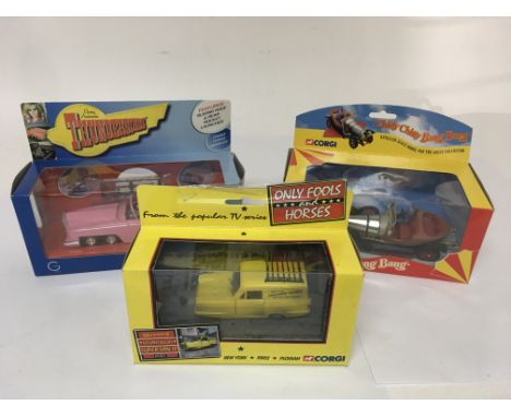 Three boxed Corgi TV related cars comprising Only Fools and Horses, Chitty Chitty Bang Bang and Thunderbirds Fab 1, later edi