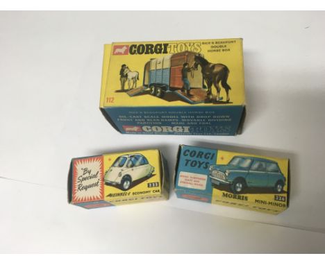 3 boxed Corgi Toys No112 Rices Horse Box ( with horses ), No 226 Morris minor and No 233 Heinkel Bubble car in orange.