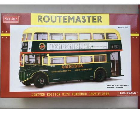 A mint boxed Sun Star 1/24 scale Routemaster bus 2907 RM 2191 CUV 191C Shillibeer-Watneys . With limited edition certificate