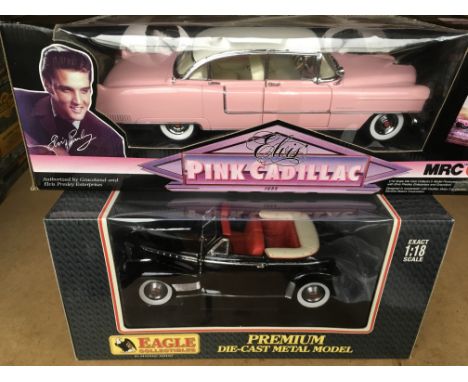 A collection of mint boxed 1/18 scale model cars including an Elvis Presley pink Cadillac by MRC, a Chevrolet convertible by 