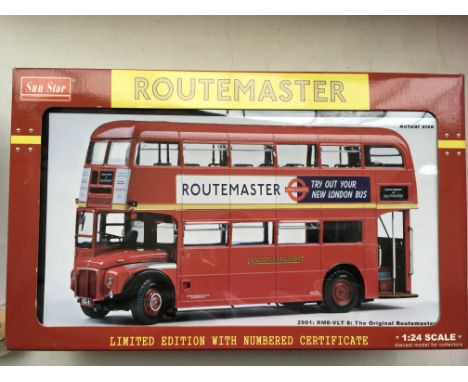 A mint boxed Sun Star red Routemaster London bus 2901 RM8 -VLT 8 the original Routemaster. 1/24 scale Limited Edition with ce