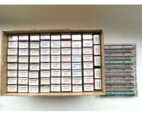 A collection of 80 boxed " N " gauge Fleischmann railway carriages.