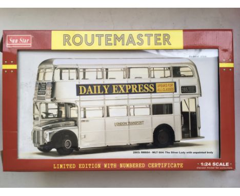 A mint boxed ( one end flap missing ) Sun Star Routemaster bus 1/24 scale 2903 RM 664-WLT 664 the silver lady with unpainted 