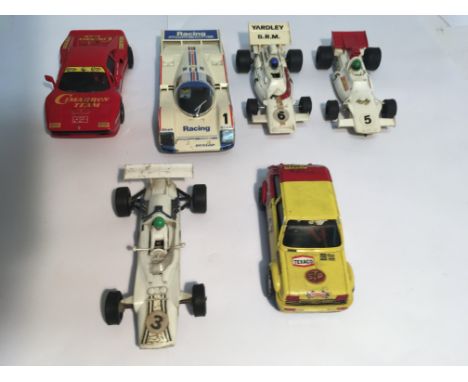 Selection of 6 scalextric cars including a europa vee with spoiler.