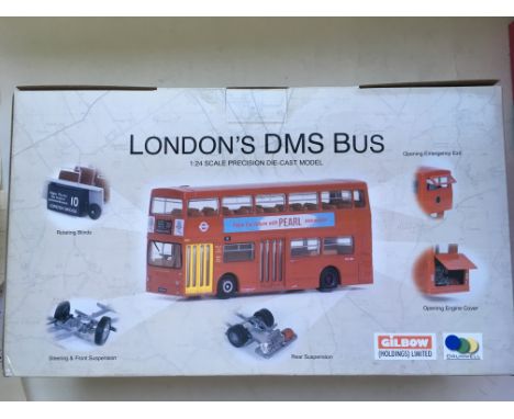 A mint boxed 1/24 scale Gilbow London DMS bus London Transport with rotating blinds ,steering, front and rear suspension etc