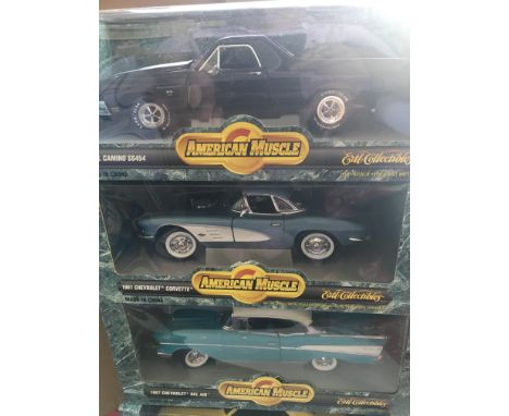 A collection of 5 mint boxed ERTL 1/18 scale American Muscle Chevrolets and Camaros