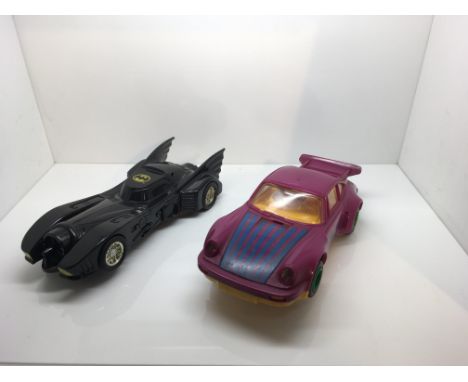 Scalextric Batmobile and joke car, good condition, unboxed.