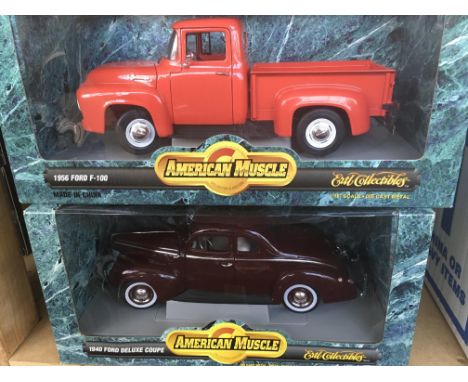 A collection of 4 ERTL 1/18 scale American Muscle cars and vans including a 1956 Ford Pickup, a 1940 Ford Deluxe Coupe, a lim