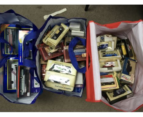 3 large bags of boxed model vehicles including original omnibuses, Corgi, Matchbox, Models of Yesterday, Lledo and Oxford die