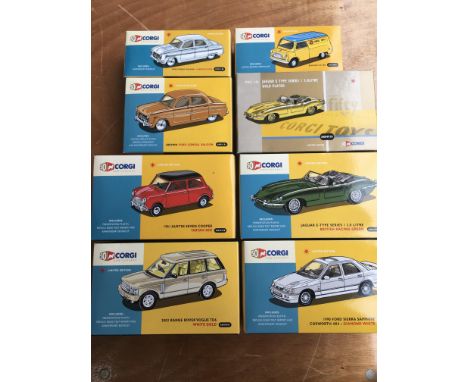 A collection of 8 mint boxed Corgi 50th anniversary model vehicles including Corgi Toys Bedford van, gold plated jaguar, ford