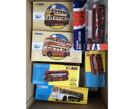 A collection of mint boxed Corgi model buses ,trolleybuses, lorries etc including The Brewery collection