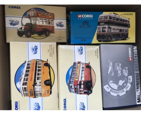 A large collection of mint boxed Corgi buses .