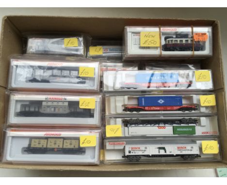 A collection of boxed " N " gauge railway goods wagons including Fleischmann, Arnold ,etc