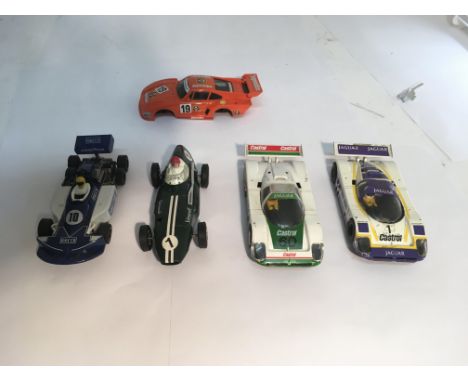 Selection of 4 scalextric cars and 1 body including a power and glory vanwall and a march Ford with spare Rothams body.