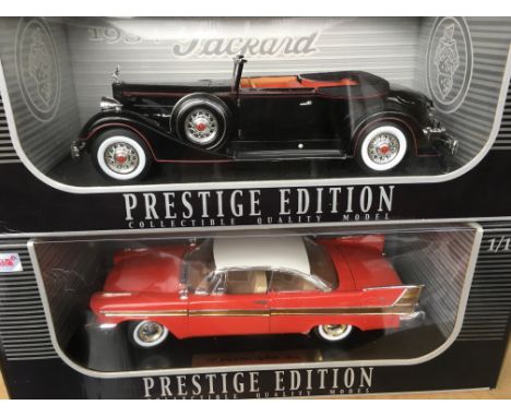 A collection of 4 mint boxed 1/18 scale model cars including two Anson Prestige Edition models ,a Kyosho Tucker Torpedo, and 