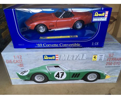 A mint boxed 1/12 scale Revell Metal '62 Ferrari 250 GTO , together with a 1/18 scale mint boxed Revell '69 corvette converti