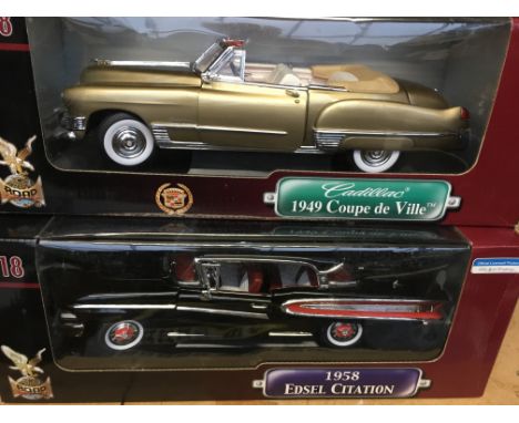 A collection of 5 mint boxed 1/18 scale Road Signature American vehicles including 1949 Coupe De Ville, 1958 Edson Citation, 