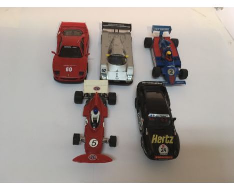 Selection of 5 scalextric cars, including a red march ford.