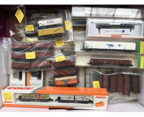 A collection of boxed " N " gauge railway goods wagons including Minitrix, Fleischmann ,Arnold, etc together with a boxed Fle
