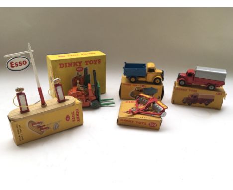 5 boxed Dinky Toys including No 322 Disc Harrow, No 401 Fork lift truck, No 410 Bedford end tipper in blue and yellow, No 413