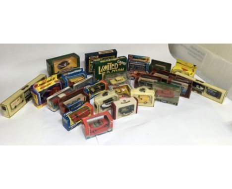 A collection of boxed model vehicles including Matchbox Superkings, Dinky, Corgi Classics, Burago, Matchbox, Models of Yester
