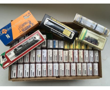 A collection of boxed " N " gauge railway locomotives including approximately 37 Fleischmann, the rest being made up of Minit