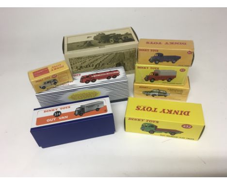 A collection of 8 boxed English Dinky Toys by Atlas Toys including lorries , vans , tanker, police car, and tractor.