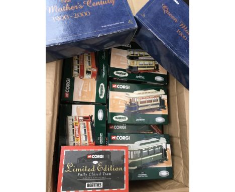 A collection of mint boxed Corgi Tramway Classics together with 2 Queen Mothers centenary buses