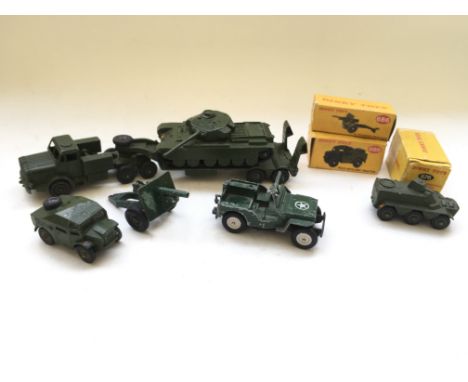 A collection of 6 Dinky Toys military vehicles including a antar transporter No 660, artillery tractor No 688 , tank No 651 ,