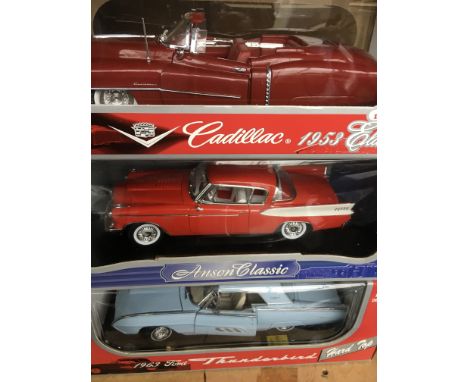 A collection of 6 mint boxed Anson 1/18 scale model vehicles including a Studebaker, Ford Thunderbird and 1953 Cadillac