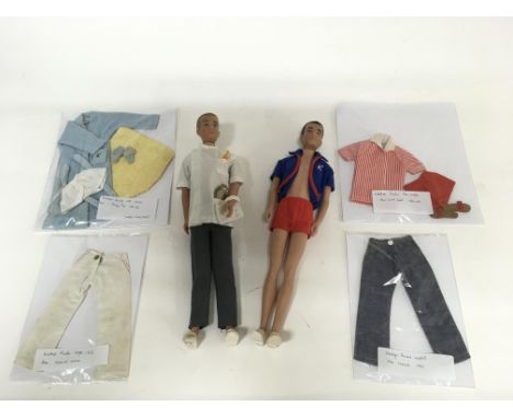 Two 1961 Ken, boyfriend of Barbie, dolls in original clothing. Comprising a blonde hair version  with posable legs wearing a 