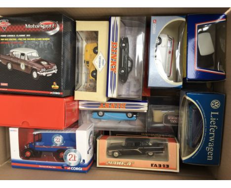 A box containing a collection of mint boxed model vehicles including Dinky, Corgi, Original Omnibus etc