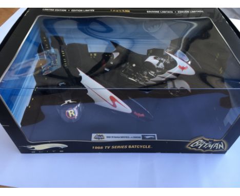 A boxed Batman Replica 1966 TV series Batcycle and sidecar by Mattel
