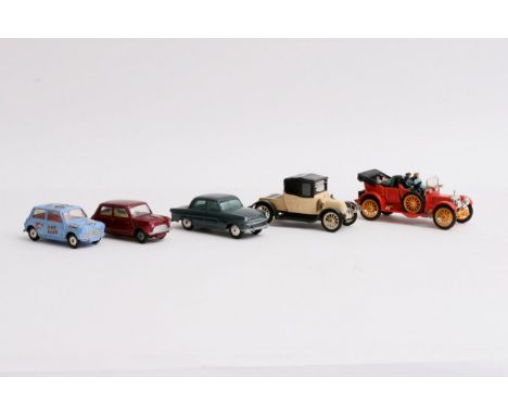 A collection of 5 unboxed Corgi Toys including 2 Minis, a 1910 Daimler with passengers and two others.