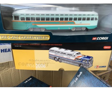 A collection of mint boxed Corgi trams including 5 American Vintage Bus Lines, a Washington DC streetcar and a 50 years anniv