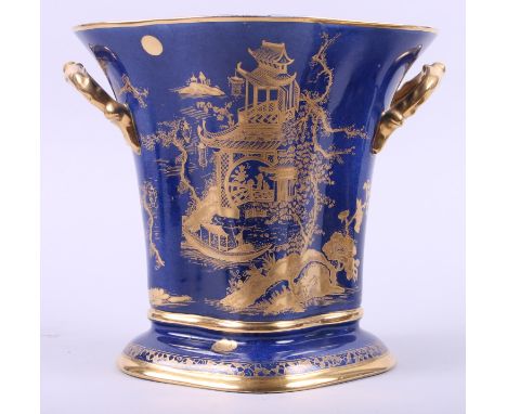 A Carlton ware Blue Royale two-handled planter with gilt Oriental landscape, 8" high (foot rim chip)