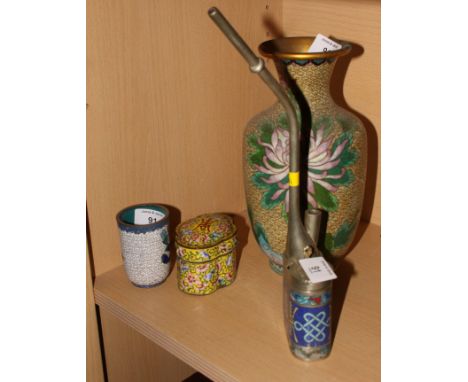 A cloisonne enamelled pipe, a cloisonne enamel vase, a similar beaker, a Canton enamelled box and cover, a Chinese reverse pa