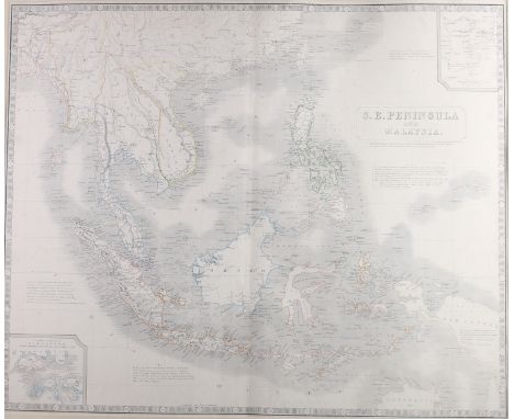 A hand-coloured map of the South East Peninsular &amp; Malaysia, by A R Johnston, in gilt strip frame