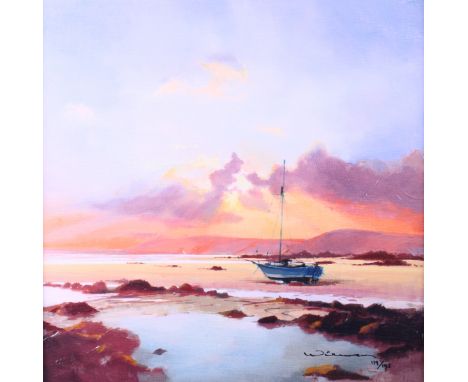 Peter Wileman: a pair of hand embellished canvases, boats on the shoreline at dusk "Aspects of Light I" and "Aspects of Light