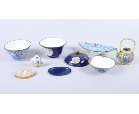A collection of Canton enamel ware, including tea bowls, a miniature teapot, a snuff bottle, etc Condition report:The snuff b