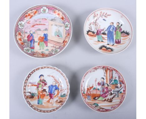 Three late 18th century porcelain figure decorated saucers and a similar saucer, boy in the window Condition report:Wave edge