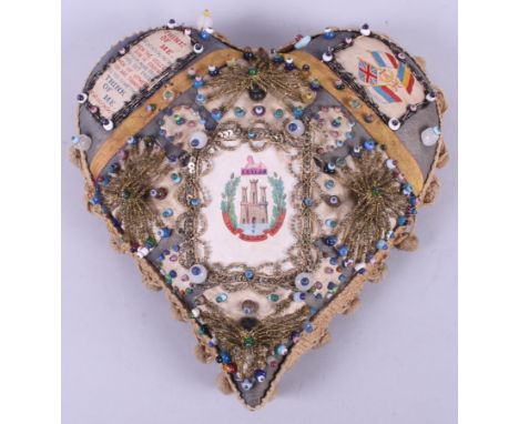 A WWI sweetheart cushion with Essex Regiment badge, 7 3/4" wide
