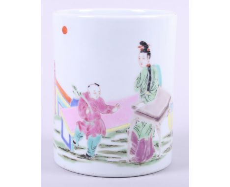 A Chinese famille rose brush pot with enamelled figure decoration, 5" highCondition: Light surface scratshes otherwise good c