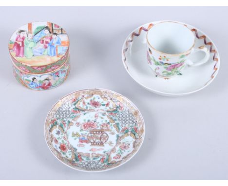 A 19th century Canton enamelled circular box and cover with figure decoration, 3" dia, a similar cup (handle restored) and tw