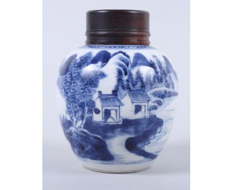 A late 18th century Chinese blue and white export oviform tea caddy with hardwood cover, 3 1/2" high  Condition report:Chips 