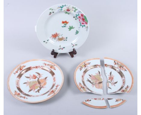 A Canton enamel plate with flower and crab decoration, 9" dia, and two Chinese export plates (one damaged) Condition report:T