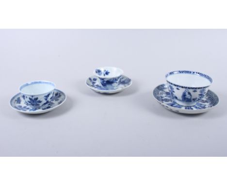 Three early 19th century blue and white porcelain tea bowls and saucers Condition report:The floral saucer has a chip to the 