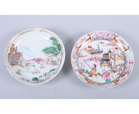 A Chinese porcelain polychrome sauce with European harbour scene, 4 3/4" dia, and a similar saucer, Oriental harbourCondition