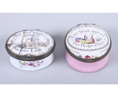 An 18th century Bilston enamel patch box "Fair maid approve this pledge of love", 1 1/2" dia (mirror no silvering and wear) a