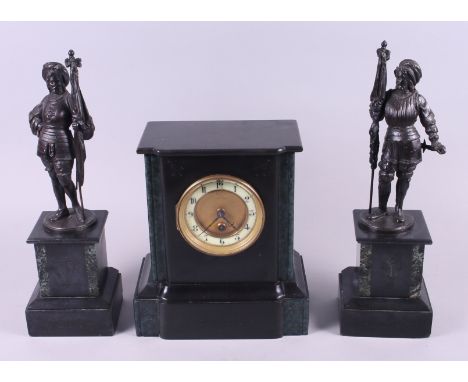 A French black slate mantel clock with two matching garnitures decorated noble men